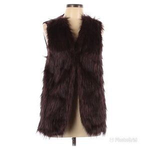 SEBBY collection Faux Fur Shaggy Vest Sleeveless Boho Hippie Brown Maroon L
